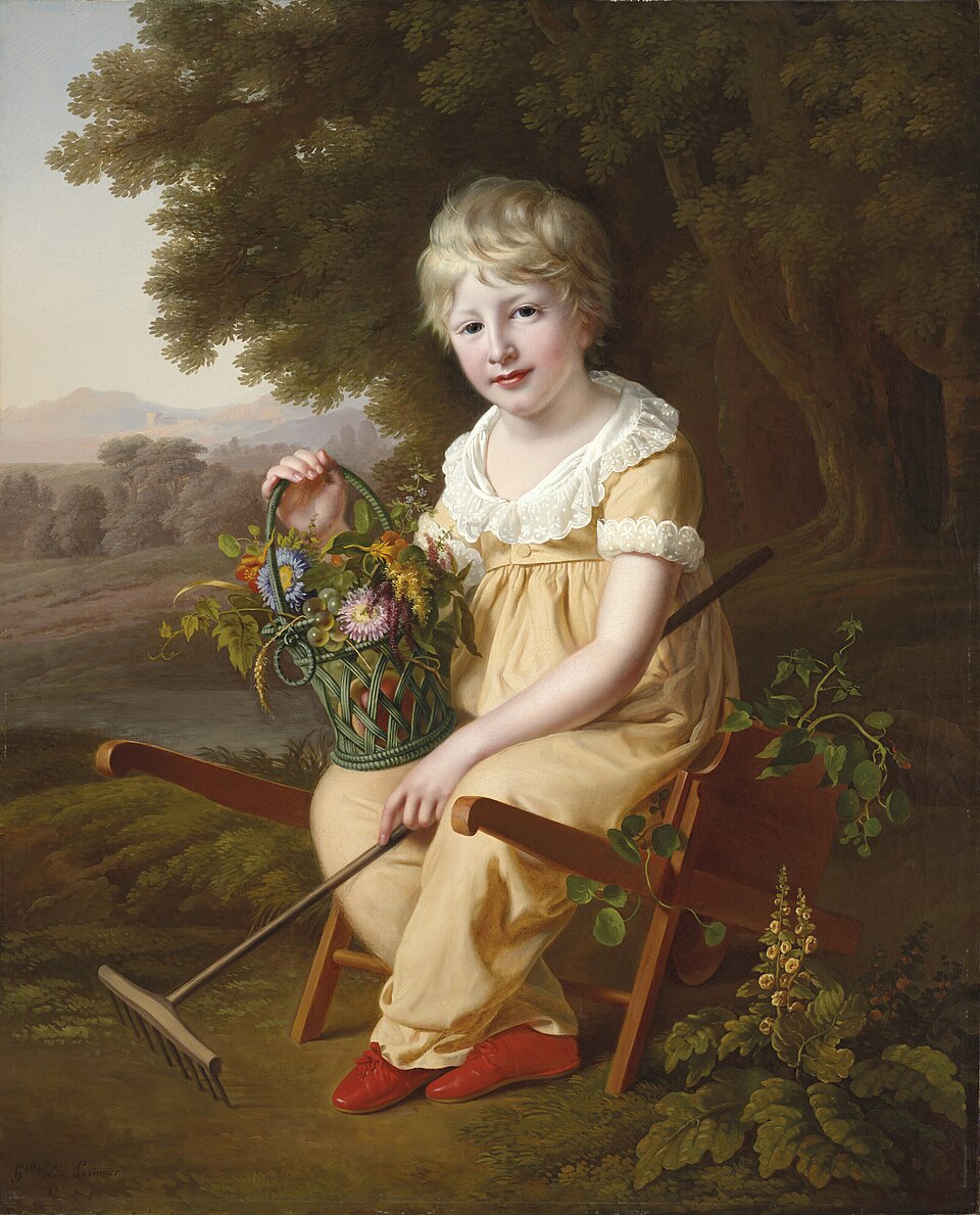 Ritratto di un bambino con un cesto di fiori